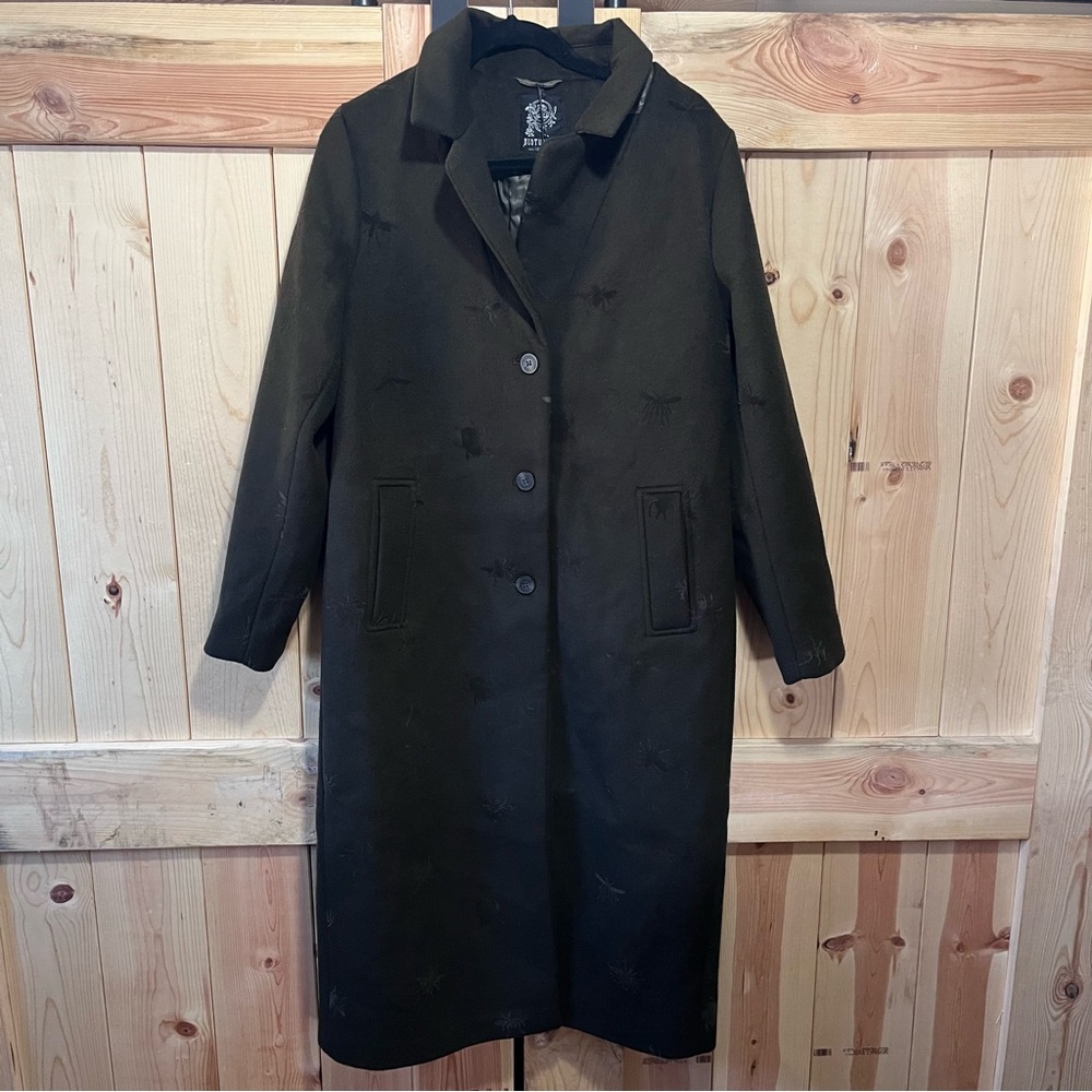 Disturbia Women’s Evelyn Wool Blend Bug Embossed Longline Coat Olive Sz 4/8/10